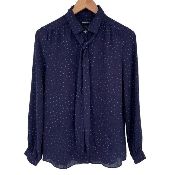 Lands' End Button Up Neck Tie Long Sleeve Blouse Polka Dot Women 6 Navy Blue - Picture 1 of 4